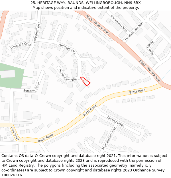 25, HERITAGE WAY, RAUNDS, WELLINGBOROUGH, NN9 6RX: Location map and indicative extent of plot