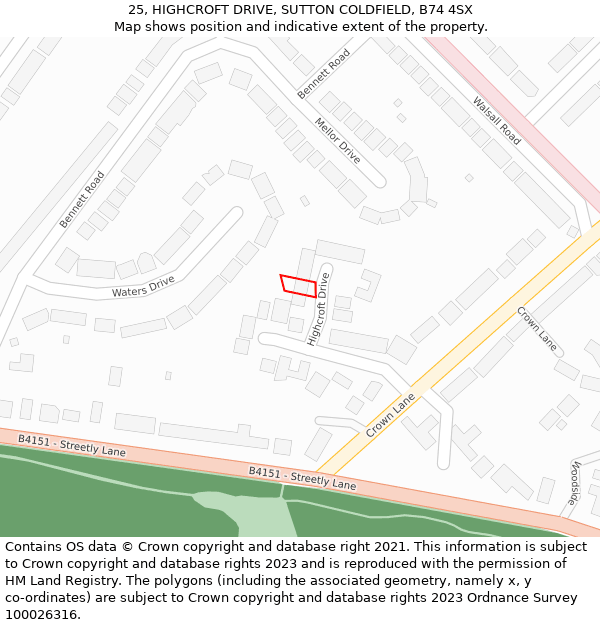 25, HIGHCROFT DRIVE, SUTTON COLDFIELD, B74 4SX: Location map and indicative extent of plot