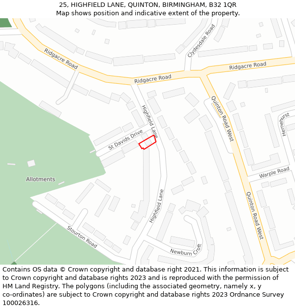 25, HIGHFIELD LANE, QUINTON, BIRMINGHAM, B32 1QR: Location map and indicative extent of plot