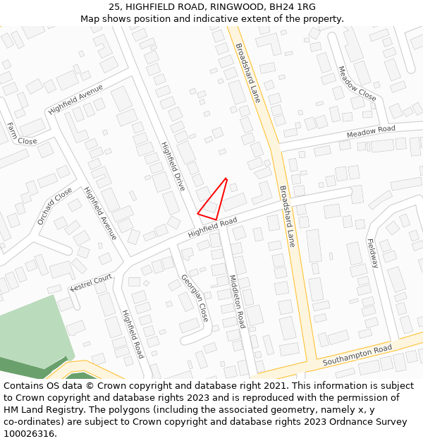 25, HIGHFIELD ROAD, RINGWOOD, BH24 1RG: Location map and indicative extent of plot