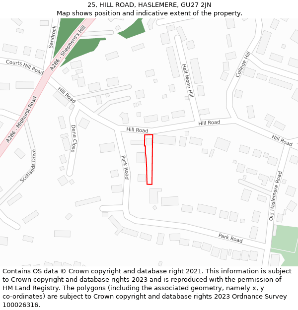 25, HILL ROAD, HASLEMERE, GU27 2JN: Location map and indicative extent of plot