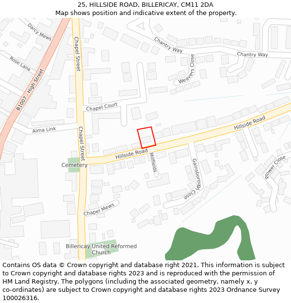 25, HILLSIDE ROAD, BILLERICAY, CM11 2DA: Location map and indicative extent of plot
