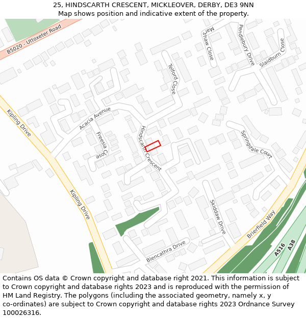 25, HINDSCARTH CRESCENT, MICKLEOVER, DERBY, DE3 9NN: Location map and indicative extent of plot