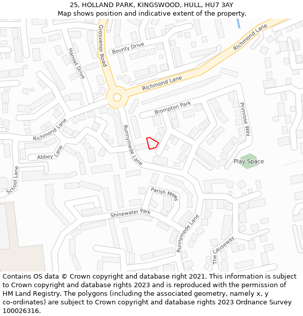 25, HOLLAND PARK, KINGSWOOD, HULL, HU7 3AY: Location map and indicative extent of plot