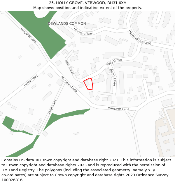 25, HOLLY GROVE, VERWOOD, BH31 6XA: Location map and indicative extent of plot