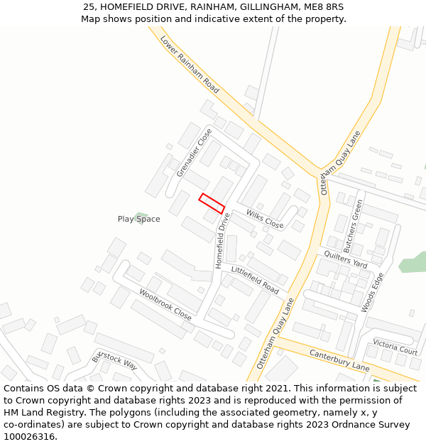 25, HOMEFIELD DRIVE, RAINHAM, GILLINGHAM, ME8 8RS: Location map and indicative extent of plot