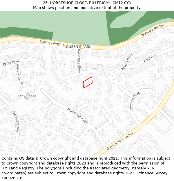 25, HORSESHOE CLOSE, BILLERICAY, CM12 0YA: Location map and indicative extent of plot