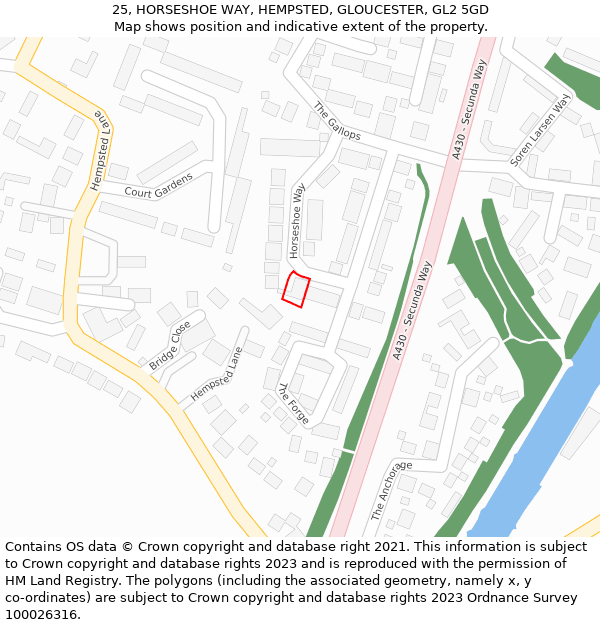 25, HORSESHOE WAY, HEMPSTED, GLOUCESTER, GL2 5GD: Location map and indicative extent of plot