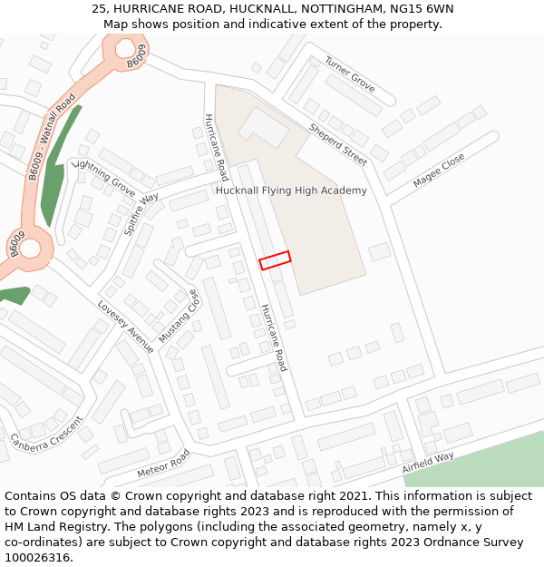 25, HURRICANE ROAD, HUCKNALL, NOTTINGHAM, NG15 6WN: Location map and indicative extent of plot