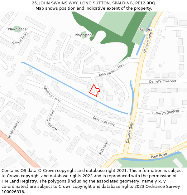 25, JOHN SWAINS WAY, LONG SUTTON, SPALDING, PE12 9DQ: Location map and indicative extent of plot