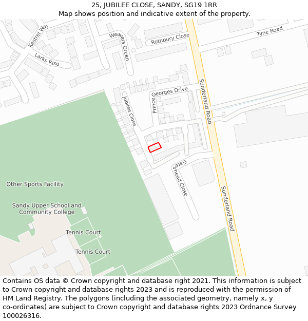 25, JUBILEE CLOSE, SANDY, SG19 1RR: Location map and indicative extent of plot