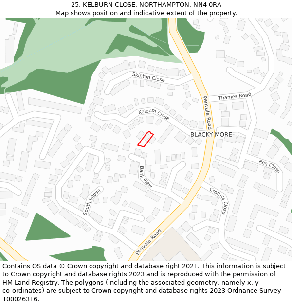25, KELBURN CLOSE, NORTHAMPTON, NN4 0RA: Location map and indicative extent of plot