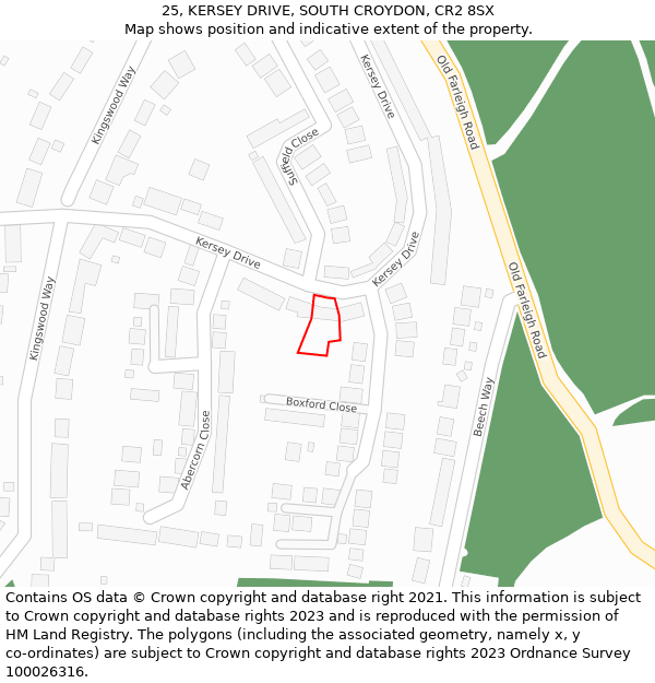 25, KERSEY DRIVE, SOUTH CROYDON, CR2 8SX: Location map and indicative extent of plot
