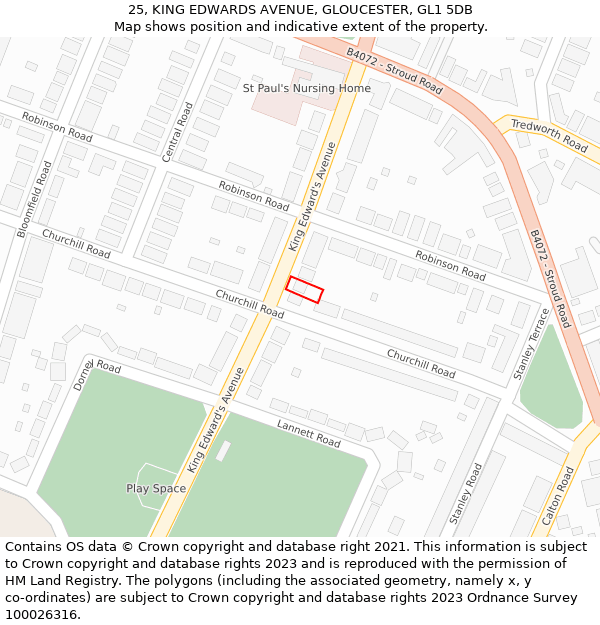 25, KING EDWARDS AVENUE, GLOUCESTER, GL1 5DB: Location map and indicative extent of plot