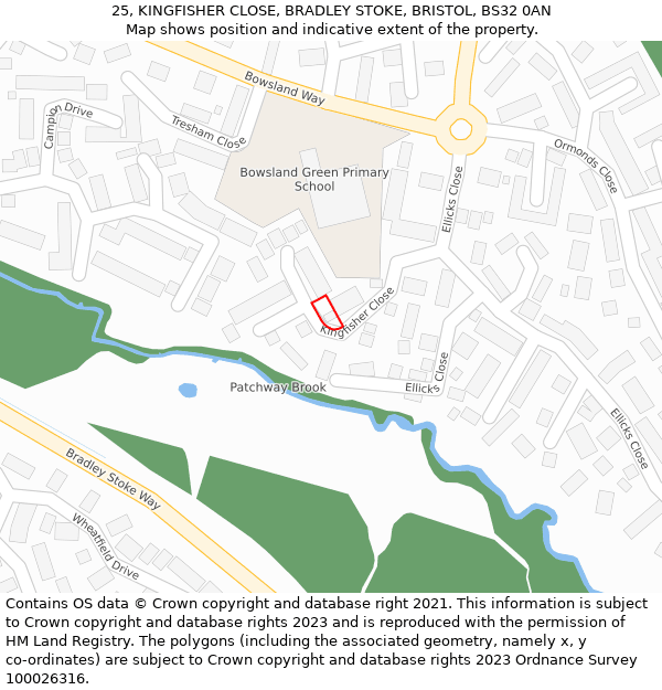 25, KINGFISHER CLOSE, BRADLEY STOKE, BRISTOL, BS32 0AN: Location map and indicative extent of plot