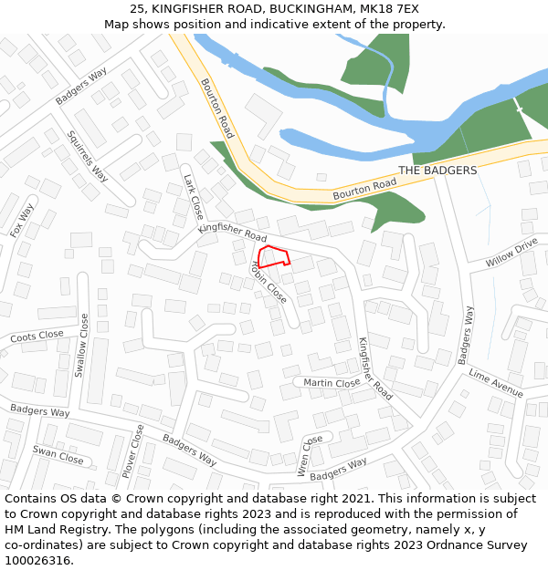 25, KINGFISHER ROAD, BUCKINGHAM, MK18 7EX: Location map and indicative extent of plot