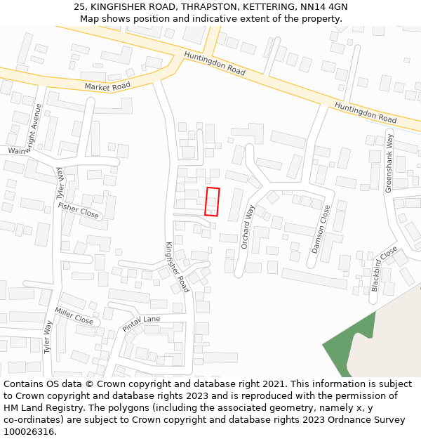25, KINGFISHER ROAD, THRAPSTON, KETTERING, NN14 4GN: Location map and indicative extent of plot