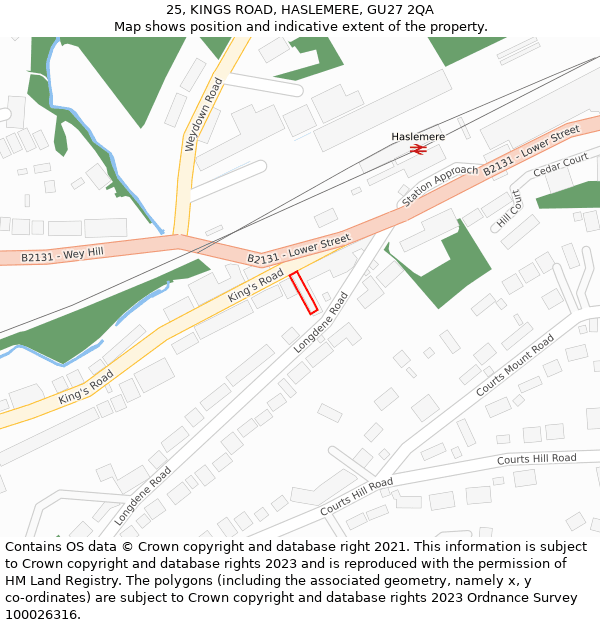 25, KINGS ROAD, HASLEMERE, GU27 2QA: Location map and indicative extent of plot