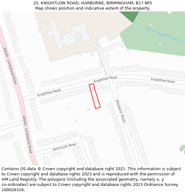 25, KNIGHTLOW ROAD, HARBORNE, BIRMINGHAM, B17 8PS: Location map and indicative extent of plot