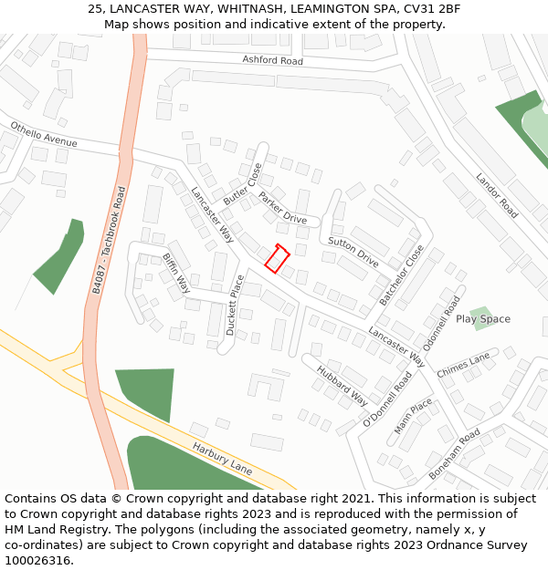 25, LANCASTER WAY, WHITNASH, LEAMINGTON SPA, CV31 2BF: Location map and indicative extent of plot