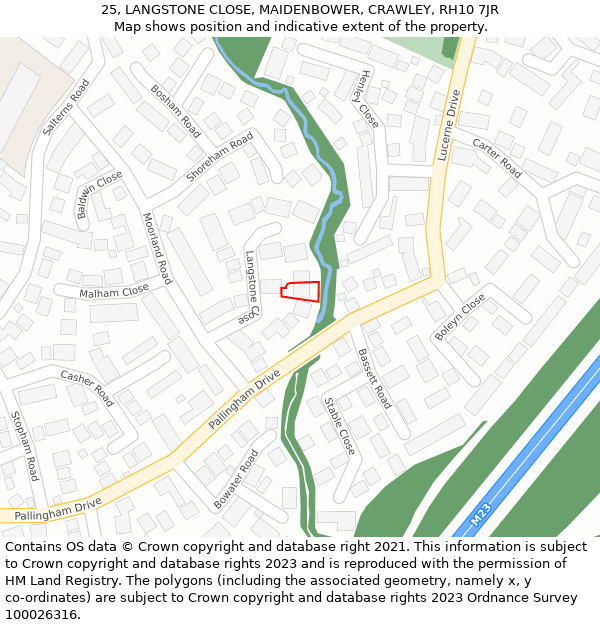 25, LANGSTONE CLOSE, MAIDENBOWER, CRAWLEY, RH10 7JR: Location map and indicative extent of plot