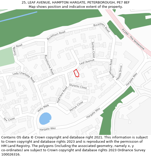 25, LEAF AVENUE, HAMPTON HARGATE, PETERBOROUGH, PE7 8EF: Location map and indicative extent of plot