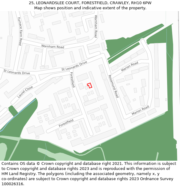 25, LEONARDSLEE COURT, FORESTFIELD, CRAWLEY, RH10 6PW: Location map and indicative extent of plot