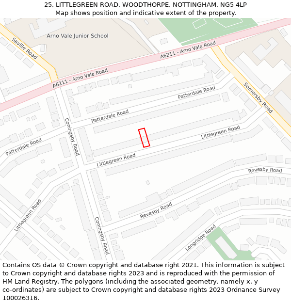 25, LITTLEGREEN ROAD, WOODTHORPE, NOTTINGHAM, NG5 4LP: Location map and indicative extent of plot