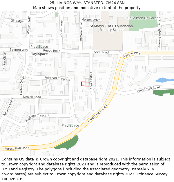 25, LIVINGS WAY, STANSTED, CM24 8SN: Location map and indicative extent of plot