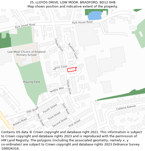 25, LLOYDS DRIVE, LOW MOOR, BRADFORD, BD12 0HB: Location map and indicative extent of plot