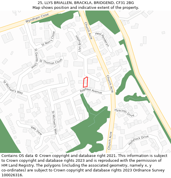 25, LLYS BRIALLEN, BRACKLA, BRIDGEND, CF31 2BG: Location map and indicative extent of plot