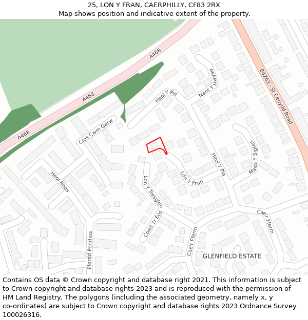 25, LON Y FRAN, CAERPHILLY, CF83 2RX: Location map and indicative extent of plot