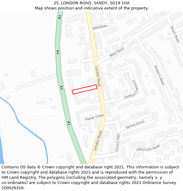 25, LONDON ROAD, SANDY, SG19 1HA: Location map and indicative extent of plot