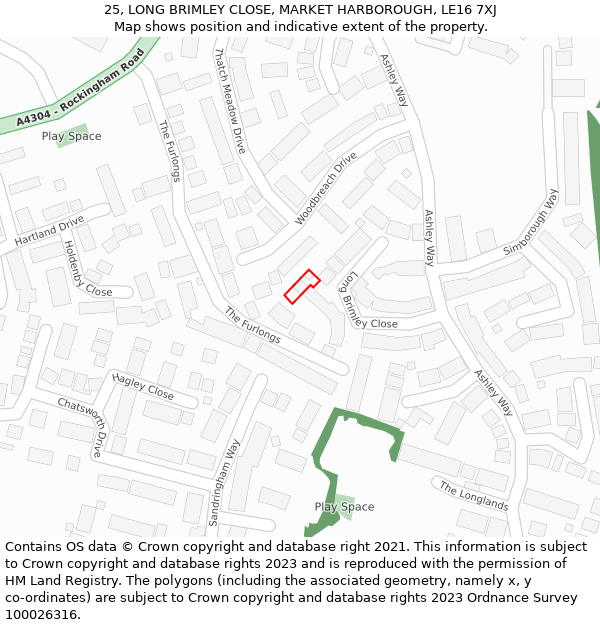 25, LONG BRIMLEY CLOSE, MARKET HARBOROUGH, LE16 7XJ: Location map and indicative extent of plot