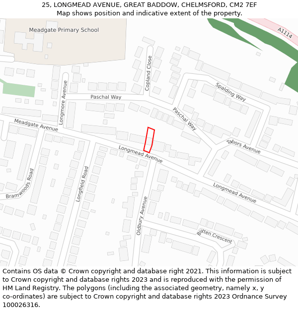 25, LONGMEAD AVENUE, GREAT BADDOW, CHELMSFORD, CM2 7EF: Location map and indicative extent of plot