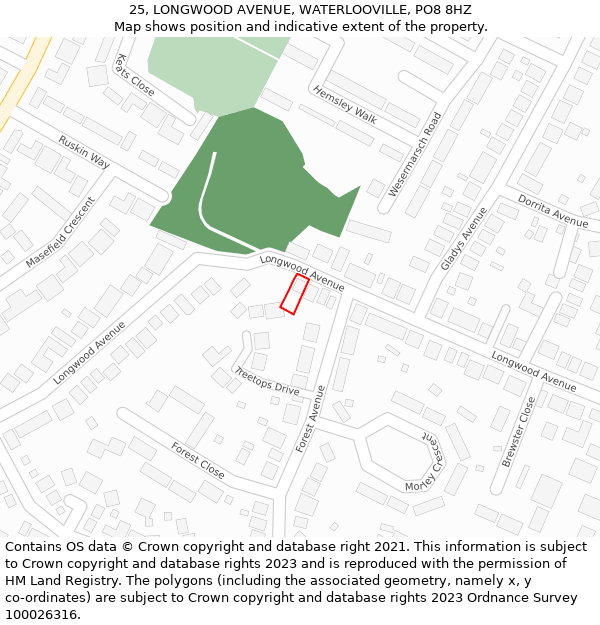 25, LONGWOOD AVENUE, WATERLOOVILLE, PO8 8HZ: Location map and indicative extent of plot