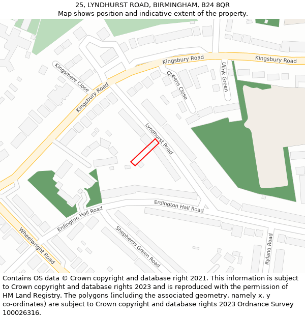 25, LYNDHURST ROAD, BIRMINGHAM, B24 8QR: Location map and indicative extent of plot