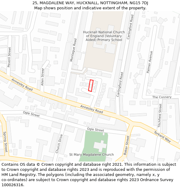 25, MAGDALENE WAY, HUCKNALL, NOTTINGHAM, NG15 7DJ: Location map and indicative extent of plot