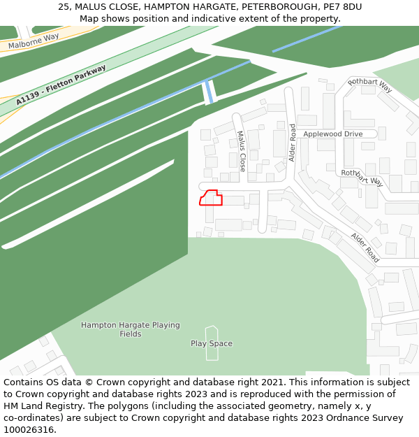 25, MALUS CLOSE, HAMPTON HARGATE, PETERBOROUGH, PE7 8DU: Location map and indicative extent of plot