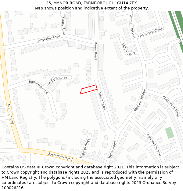 25, MANOR ROAD, FARNBOROUGH, GU14 7EX: Location map and indicative extent of plot