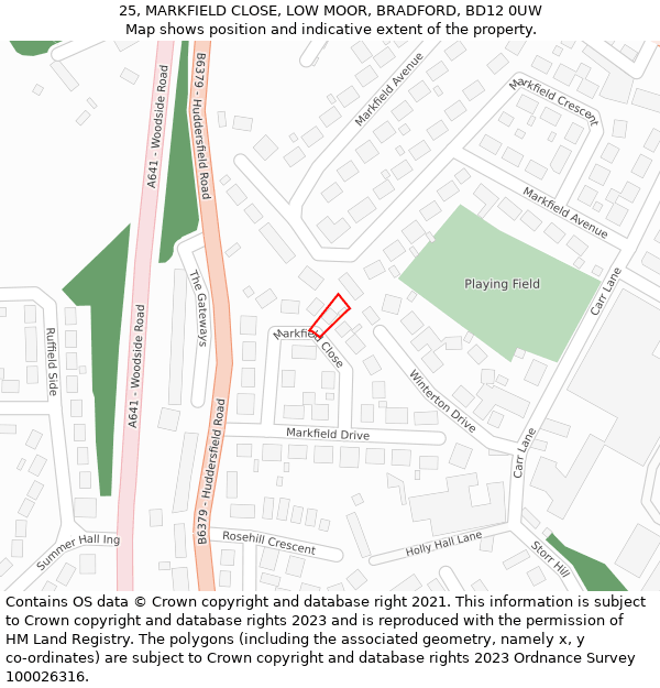 25, MARKFIELD CLOSE, LOW MOOR, BRADFORD, BD12 0UW: Location map and indicative extent of plot