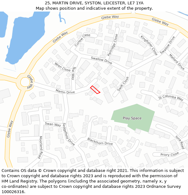 25, MARTIN DRIVE, SYSTON, LEICESTER, LE7 1YA: Location map and indicative extent of plot