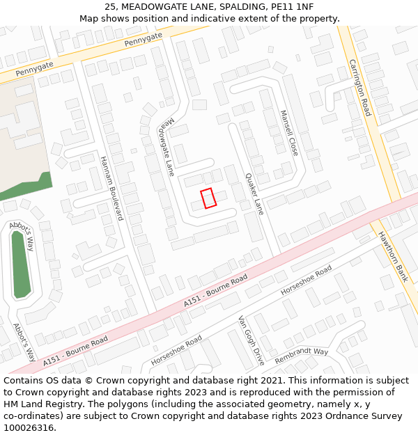 25, MEADOWGATE LANE, SPALDING, PE11 1NF: Location map and indicative extent of plot