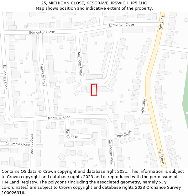 25, MICHIGAN CLOSE, KESGRAVE, IPSWICH, IP5 1HG: Location map and indicative extent of plot