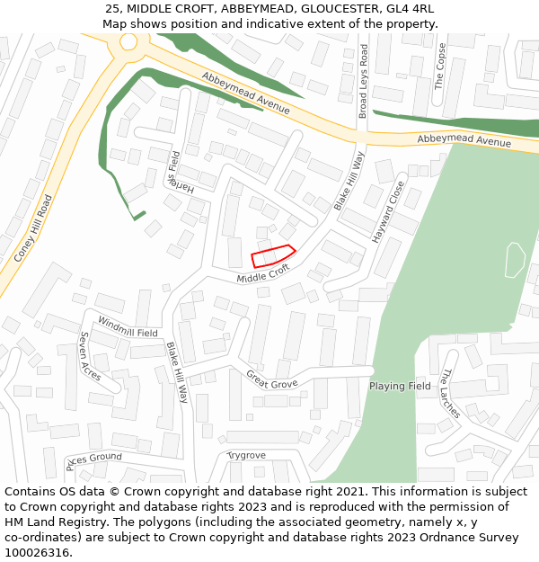 25, MIDDLE CROFT, ABBEYMEAD, GLOUCESTER, GL4 4RL: Location map and indicative extent of plot