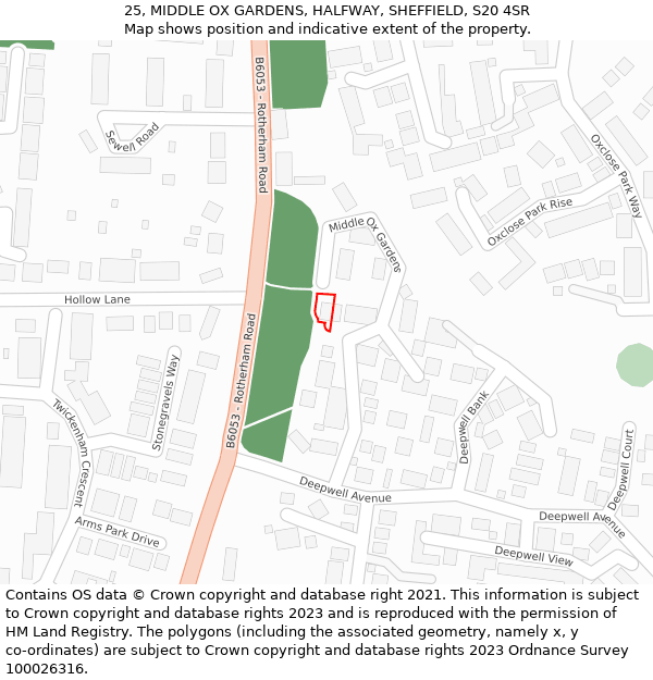 25, MIDDLE OX GARDENS, HALFWAY, SHEFFIELD, S20 4SR: Location map and indicative extent of plot