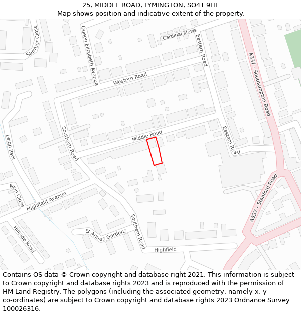 25, MIDDLE ROAD, LYMINGTON, SO41 9HE: Location map and indicative extent of plot