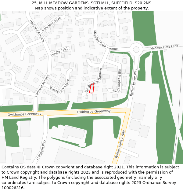 25, MILL MEADOW GARDENS, SOTHALL, SHEFFIELD, S20 2NS: Location map and indicative extent of plot