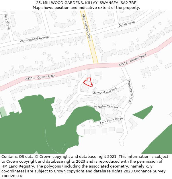 25, MILLWOOD GARDENS, KILLAY, SWANSEA, SA2 7BE: Location map and indicative extent of plot