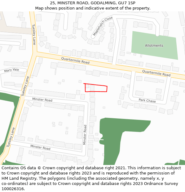 25, MINSTER ROAD, GODALMING, GU7 1SP: Location map and indicative extent of plot